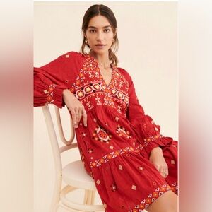 Anthropologie Red Long Sleeve Dress